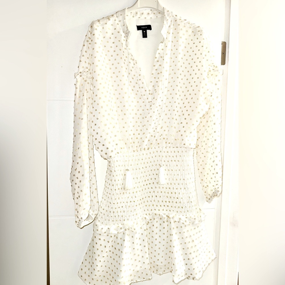 AQUA Bloomingdale’s White and Gold Polka Dot Dress